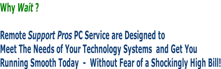 Why Wait ?   Remote Support Pros PC Service are Designed to  Meet The Needs of Your Technology Systems  and Get You  Running Smooth Today  -  Without Fear of a Shockingly High Bill!